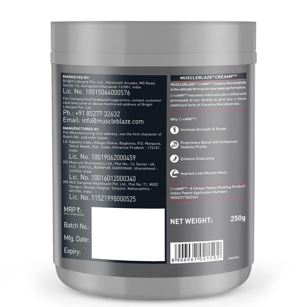 MuscleBlaze Creatine Monohydrate CreAMP, 250 g (0.55 lb)